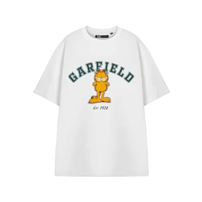 Image of Garfield Adults T Shirt White Short Sleeve University Graphic Tee for Men &amp; Women Collegiate Varsity Cat Character Apparel Top Cartoon Movie TV Series Merchandise Gift