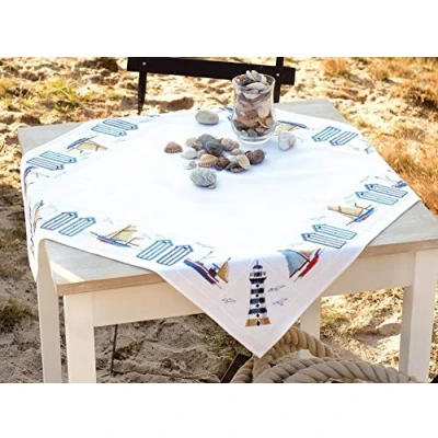 Image of Vervaco Counted Cross Stitch Kit: Tablecloth: Beach, 100% Cotton, Multi Colour, 80 x 2 20 cm