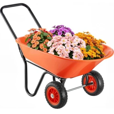 Image of VEVOR 5 Cu. Ft 397 lbs Capacity, 2 Dump, Garden Handle &amp; 10&quot; Wide Track Wheels, Easy Loading Utility Cart Wagons for Outdoor Lawn Yard, Orange + Black