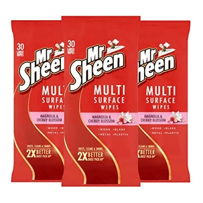 Image of Mr Sheen Ultra Effective Wipes for Wood, Glass, Metal and Plastic, Magnolia Cherry Blossom Fragrance, 30 per pack, Pack of 3, Total 90