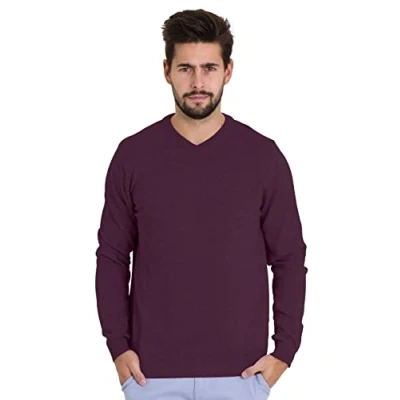 Image of Mens Sweater Pullover V Neck Knitted New Cotton Casual Long Sleeve Jumper Top (Burgundy, S)