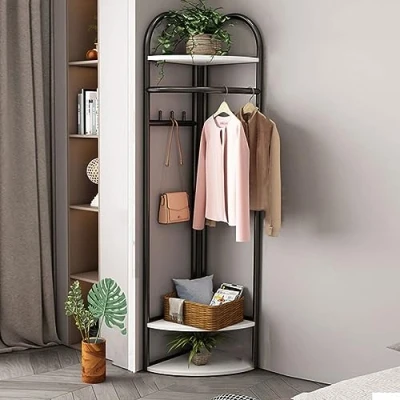 Image of ELZEM Entryway Corner Hall Tree with Shoe Rack, Industrial Coat Rack 6 Hooks and Storage Shelf, Multifunctional Organizer for Entryway, Hallway, Bedroom C