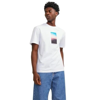 Image of JACK &amp; JONES Men&#039;s Jorvesterbro Picture Tee Ss Crew Neck Sn T Shirt, Bright White, M