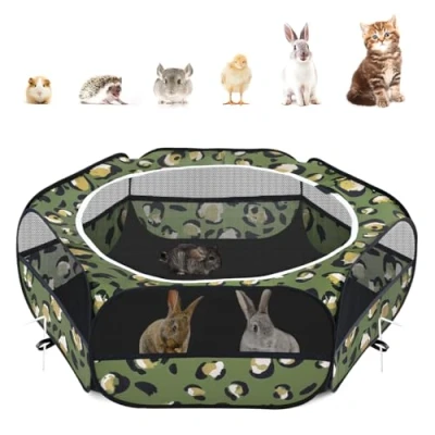 Image of Pawaboo Small Animals Playpen, Waterproof Pet Cage Tent with Zippered Cover, Portable Outdoor Yard Fence 3 Metal Rod for Chick/Kitten/Puppy/Guinea Pig/Rabbits/Hamster, Leopard Print