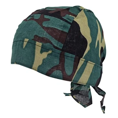 Image of Camo Zandana Green Tie Bandana Style Fitted Skull Cap Biker Pirate Durag Cotton Breathable Sports Hat