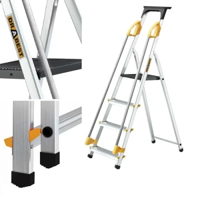 Image of Drabest PRO SERIES Ladders 4 Step Aluminum Household Ladder with Handrails 150 KG Multi Purpose Folding Foldable Aluminium 43 x 147 12 cm