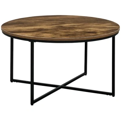 Image of HOMCOM Coffee Table, Industrial Round Side Table with Metal Frame, Large Tabletop for Living Room, Bedroom, Rustic Brown