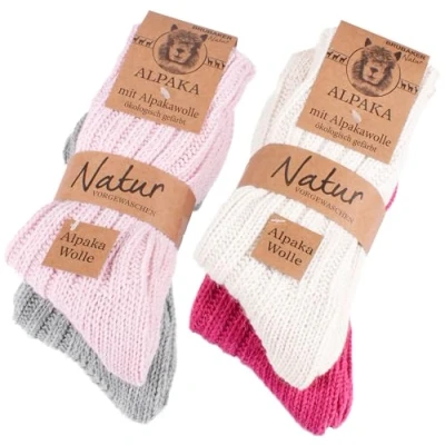 Image of BRUBAKER 4 pairs of 100% alpaca socks winter set for women and men pink beige grey size 35 38