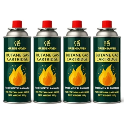 Image of Green Haven Premium Butane Gas Canisters 4 Pack Camping Canister for Stove, Blowtorch, BBQ, Weed Burner EN417 Cartridge Cylinders Cylinder