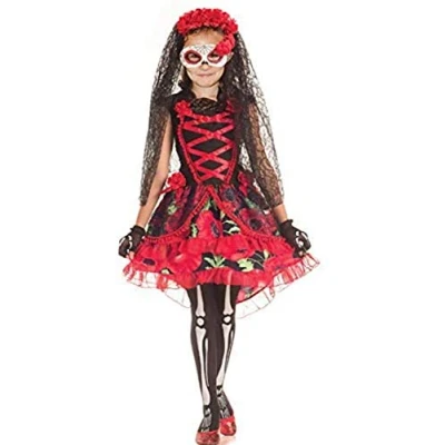 Image of Forever Young Girls 3 Piece Kids Day of the Dead Sugar Skull Halloween Fancy Dress Costume (9 10 years)