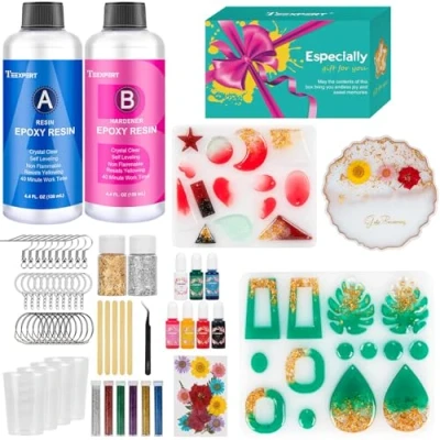 Image of Teexpert Epoxy Resin Kit for Beginner, Crystal Clear Starter with Jewelry Coaster Moulds, Pigments, Accessories, Casting Jewellery Making Art Craft