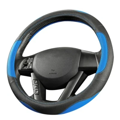 Image of coofig Leather Car Steering Wheel Covers Universal 37 38cm /15inch Breathable Anti slip Protector Interior Accessories for Auto/Truck/SUV/Van Men Women (Black blue)