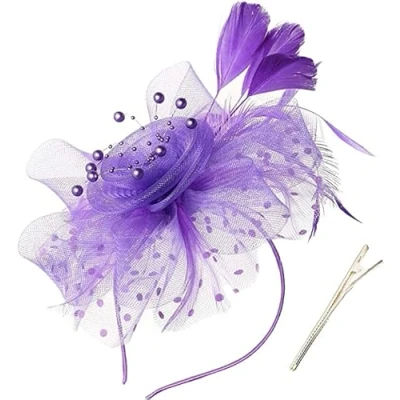 Image of Fascinators Hat Flower Mesh Ribbons Feathers on a Headband and Clip Tea Party Headwear for Women (Purple)