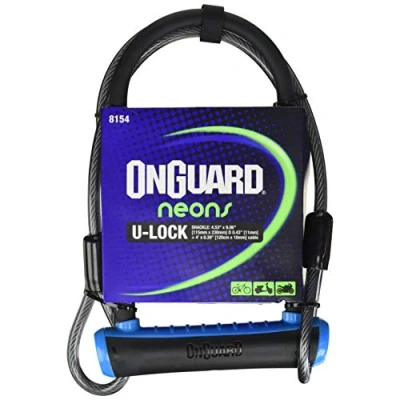 Image of OnGuard Neon Series 8154 STD D Lock, 230mm, 11mm Diameter Shackle, Includes 120cmx10mm Looped Cable, Blue
