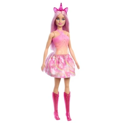 Image of Barbie Unicorn Doll with Pink Fantasy Hair, Colorful and Orange Outfit, Themed Accessories, HRR13