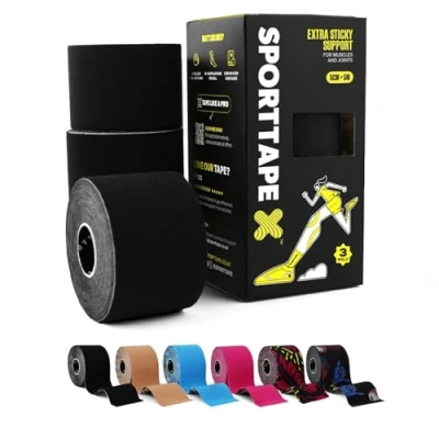 Image of 3 Rolls SPORTTAPE Kinesiology Tape 5cm x 5m Roll Black Physio &amp; Muscle Injury for Shoulder, Knee, Ankle, Shin Splints, Joint Support Waterproof Hypoallergenic Kinetic Sports