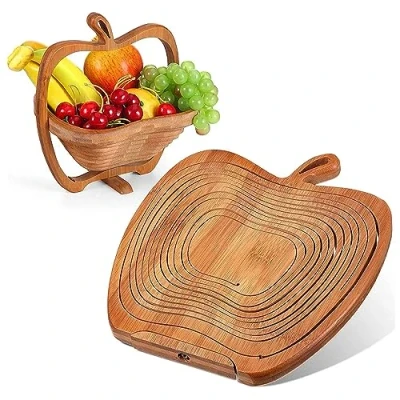 Image of EIK 2 in 1 Apple Shaped Design Bamboo Basket Collapsible Wooden Fruit Bowl Vegetable Hanging Ornament or Cutting Board Gift Idea