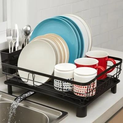 Image of Dish Drainer Space Saving Drying Rack with Drip Tray Racks Draining Board Kitchen Cutlery Holder for Counter