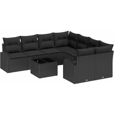 Image of vidaXL 9 Piece Garden Sofa Set with Cushions Black Poly Rattan