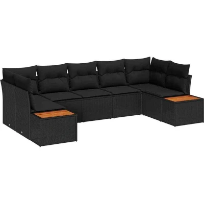 Image of vidaXL 7 Piece Garden Sofa Set with Cushions Black Poly Rattan