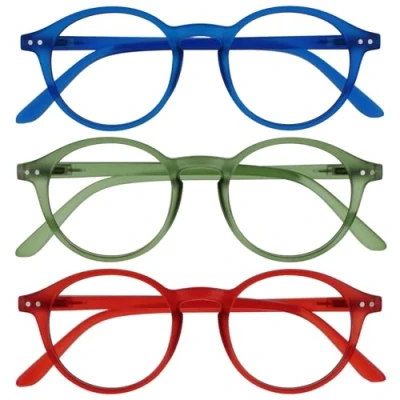Image of OPULIZE REY Reading Glasses 3 Pack Retro Round Frame Matt Blue, Green, Red Mens Womens Spring Hinges RRR56 36Z +3.50