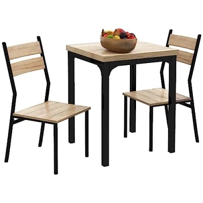 Image of HOMCOM 3 Pieces Compact Dining Table 2 Chairs Set Wooden Metal Legs Bistro cafe Kitchen Breakfast Bar Home Furniture, Light Wood Grain