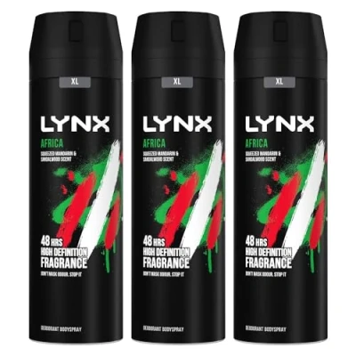 Image of Lynx Mens XL Africa Body Spray 48H Fresh Mandarin &amp; Sandalwood Scent Deo, 3x200ml NA One Size