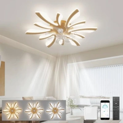 Image of LJX Ceiling Fans with Lights and Remote Control Silent DC Modern Lamps Timer Dimmable Reversible for Bedroom Lounge Kitchen Chandelier Fan Led, Gold