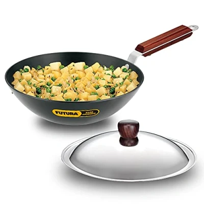 Image of Futura Hard Anodised Deep Fry Pan(Kadhai) 2 1/2 Litre with Steel Lid and Flat Bottom