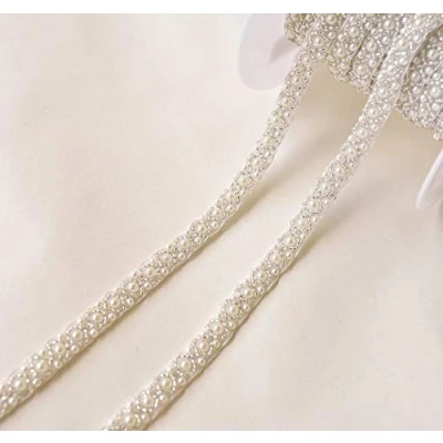 Image of Bene Omnia 2 Yards Pearl Beaded Trim Bridal Lace Ribbon Trimming Edge Tape for Craft Sewing Wedding Dress Fabric DIY Decoration 1cm