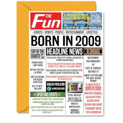Image of 15th Birthday Cards for Girls Boys Born In 2009 Newspaper Happy 15 Card Daughter Son Cousin Vintage Retro Back 2009, A5 Fifteen Fifteenth Bday Greeting