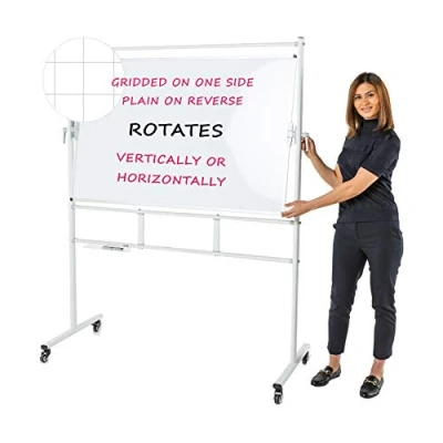 Image of Wonderwall Double Sided Non Magnetic Tilt &amp; Swing Revolving Mobile Whiteboard with Pen Tray Gridded Board on One Side (H) 90 x (W) 120cm