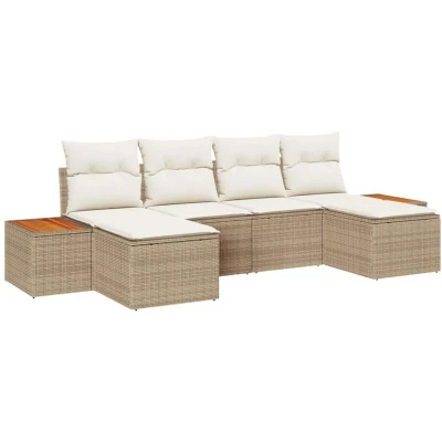 Image of vidaXL 6 Piece Garden Sofa Set with Cushions Beige Poly Rattan Acacia