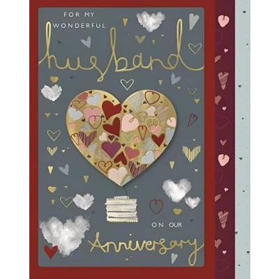 Image of ICG Wonderful Husband Large Luxury Boxed Anniversary Card Love Heart Hot Air Balloon with Foil and Embellished Finish