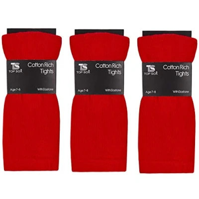 Image of Girls Childrens 3 Pairs Plain Tights Back To School Everyday Cotton Rich Leggings Red 2