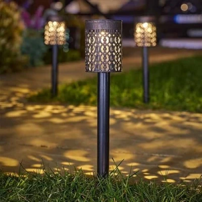 Image of Garden Mile Set of 8 Biba Solar Stake Light Silhouette Effect Powered Pathway Lights Moroccan Style Rustic Brushed Look Outdoor Waterproof Lighting Borders, Path, Lawn, Borders