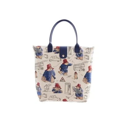 Image of Signare Paddington Bear Tapestry Foldaway Bag Eco Friendly 38cm W x 35cm H 9cm D Open, 21cm 12cm 1.5cm Compact Recyclable Polyester &amp; Vegan PU Leather Official Woven Fabric