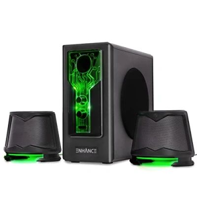 Image of ENHANCE SB 2.1 Computer Speakers Gaming Speakers, Green LED with Subwoofer, High Excursion Sound System, Volume and Bass Control, Compatible PC, Desktop, Laptop