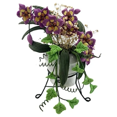 Image of Melody Jane Dolls House Purple Flowers in Pot Pedestal Stand Miniature Garden Accessory 1:12