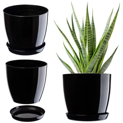 Image of KADAX Plant Pot, Plastic Flowerpot with matching Tray, Indoor Planter in several colours, Lightweight and Waterproof Pot for Office Living Room (⌀14cm, Black)