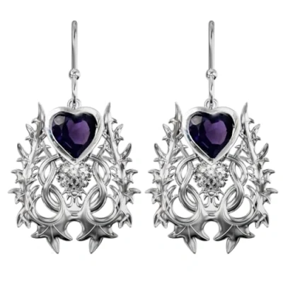 Image of CAIRN Sterling Silver Scottish Thistle Earrings With Heart Cut Amethysts Atholl. Jewellery Gift Box Included. 5364