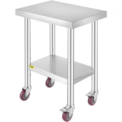 Image of VEVOR Stainless Steel Catering Work Table 24x18 Inch Commercial Kitchen with 4 Wheels Food Prep Workbench Flexible Adjustment Shelf for