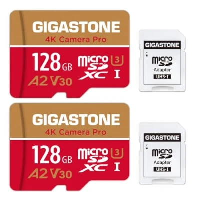 Image of [5 Years Free Data Recovery] Gigastone Memory Card 128GB 2 Pack 4K Pro Camera, Compatible with GoPro Switch, Speed 100MB/s. A2 U3 V30 Micro SDXC SD Adapter.