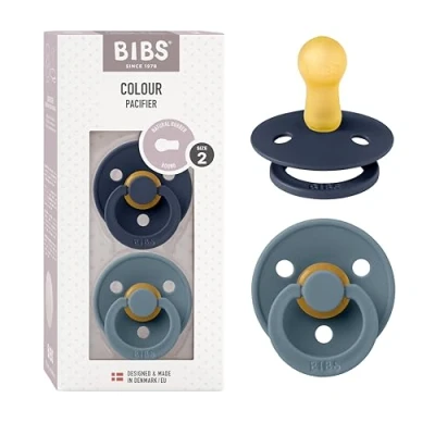 Image of BIBS Colour Soother 2 Pack, BPA Free Dummy Pacifier, Round Nipple. Natural Rubber Latex, Size (6 18 Months), Deep Space/Petrol