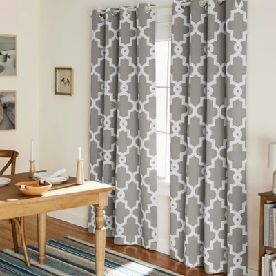 Image of Exclusive Home Curtains Ironwork Woven Blackout Grommet Top Panel Pair, Silver, 52x84, 2 Piece