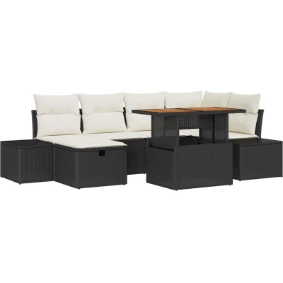 Image of vidaXL 7 Piece Garden Sofa Set with Cushions Black Poly Rattan