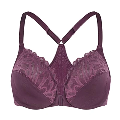 Image of MELENECA Women&#039;s Front Fastening Racerback Plus Size Stretch Lace Underwire Unlined Bras Grape Wine 34DD