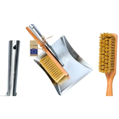 Image of Toolspace Set of 2 Dustpans Stainless Steel Dustpan Hand Brush Natural Bristles, Beech Wood Metal Garden Solid Broom and Broom, Galvanised
