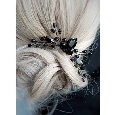 Image of BERYUAN Women Rhinestone Hair Piece Onyx Black Teardrop Small Comb Vine Bridal Accessory Crystal Gift for Her Party Headpiece (Black)