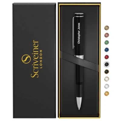 Image of Scriveiner Personalised Black Rollerball EDC Pen, Stunning Pocket Pen with Chrome Finish, Cool Writing Best Gift, Engraved Roller Ball Gift Set for Men &amp; Women, Custom Name Engraving